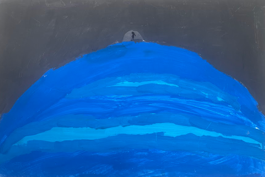 A solitary figure standing on a blue hill